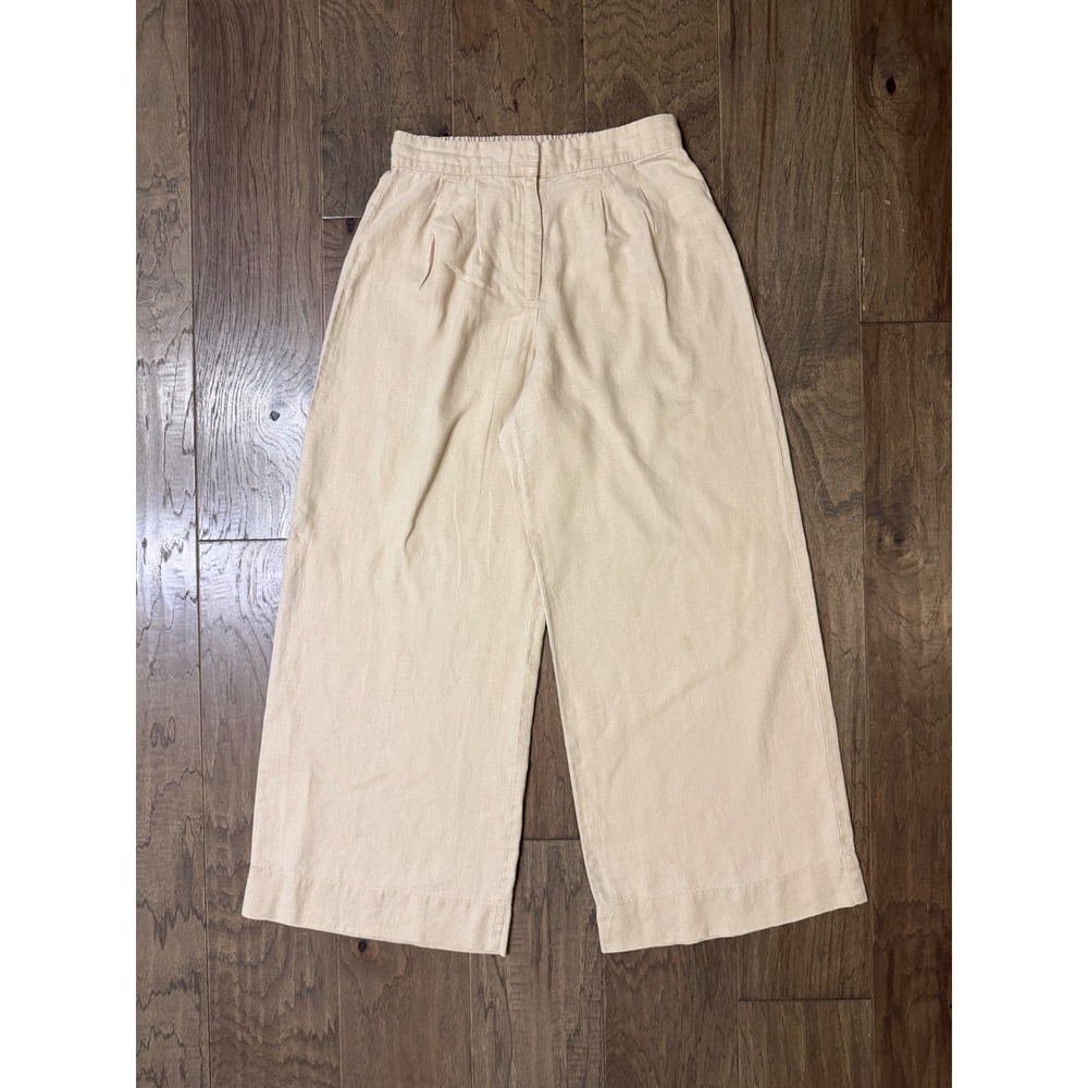 Magaschoni Womens Beige 100% Linen Wide‎ Leg Cropped Pants Size Small